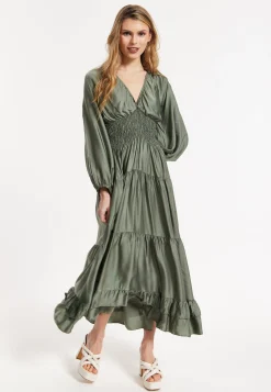 Khaki Shirred Waist Satin Maxi Dress