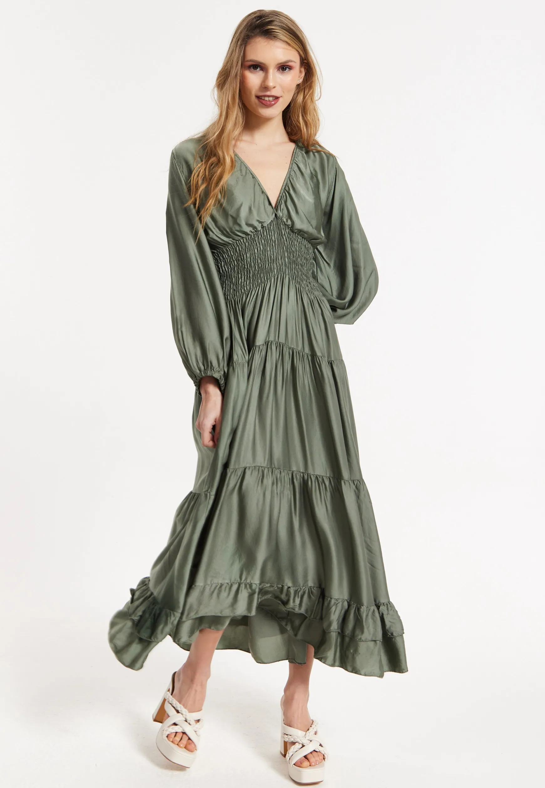 Khaki Shirred Waist Satin Maxi Dress