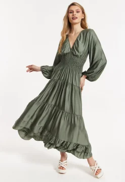 Khaki Shirred Waist Satin Maxi Dress