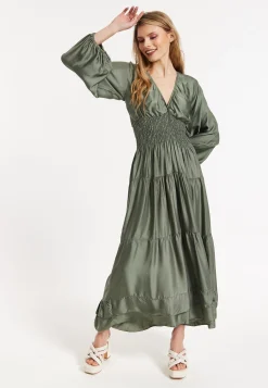 Khaki Shirred Waist Satin Maxi Dress