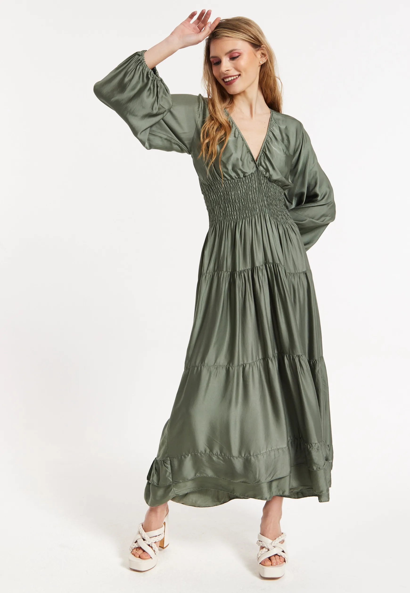 Khaki Shirred Waist Satin Maxi Dress