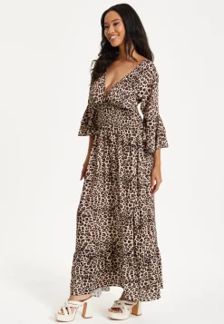 Leopard Print Flared Sleeve Maxi Dress