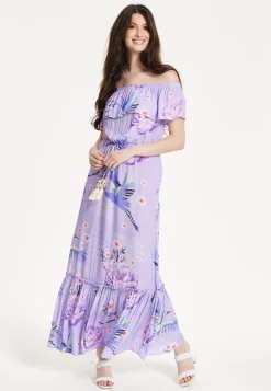 Lilac Floral Off Shoulder Maxi Dress