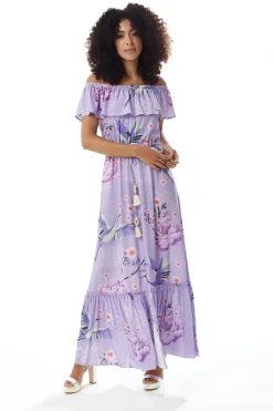 Lilac Floral Off Shoulder Maxi Dress