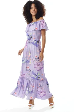 Lilac Floral Off Shoulder Maxi Dress