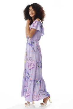 Lilac Floral Off Shoulder Maxi Dress