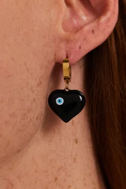 Liquorish Black Heart Small Gold Hoop  Earrings With Evil Eye Detail