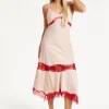 Liquorish Blush Midi Dress with Red Lace Trim