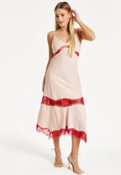 Liquorish Blush Midi Dress with Red Lace Trim
