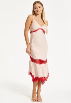 Liquorish Blush Midi Dress with Red Lace Trim