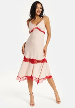 Liquorish Blush Midi Dress with Red Lace Trim