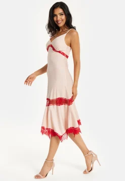 Liquorish Blush Midi Dress with Red Lace Trim