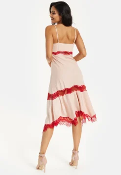 Liquorish Blush Midi Dress with Red Lace Trim
