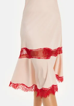 Liquorish Blush Midi Dress with Red Lace Trim