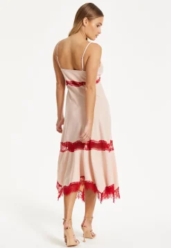 Liquorish Blush Midi Dress with Red Lace Trim