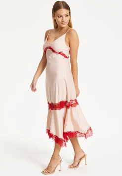 Liquorish Blush Midi Dress with Red Lace Trim
