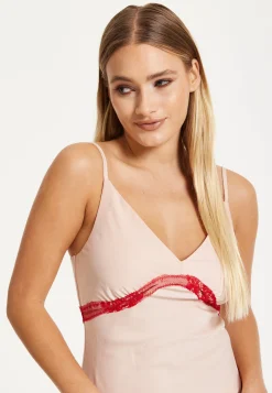 Liquorish Blush Midi Dress with Red Lace Trim