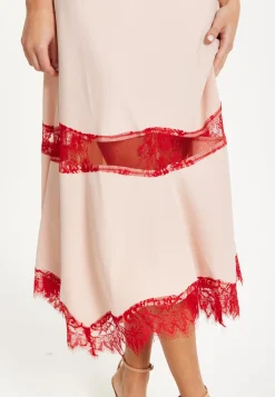 Liquorish Blush Midi Dress with Red Lace Trim
