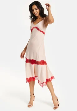 Liquorish Blush Midi Dress with Red Lace Trim