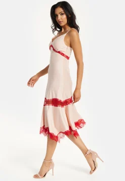 Liquorish Blush Midi Dress with Red Lace Trim