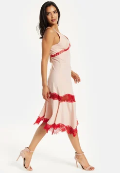 Liquorish Blush Midi Dress with Red Lace Trim