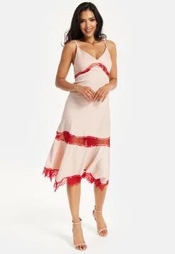 Liquorish Blush Midi Dress with Red Lace Trim