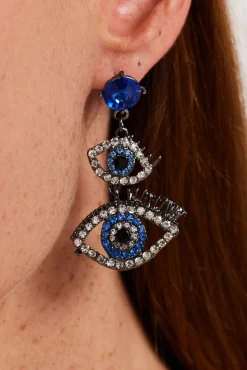 Liquorish Double Evil Eye Drop Style  Earrings With Diamonte Embellishments
