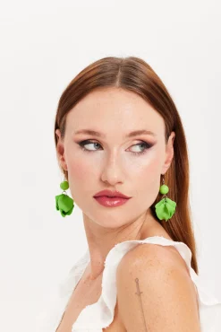 Liquorish Flower Petal Drop Style Earrings In Green