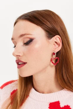 Liquorish Jewelled Drop Style Heart Earrings With Stone Details
