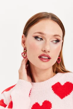 Liquorish Jewelled Drop Style Heart Earrings With Stone Details