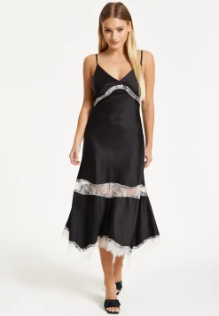 Liquorish Lace Trim Black Midi Dress