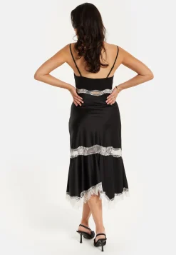 Liquorish Lace Trim Black Midi Dress