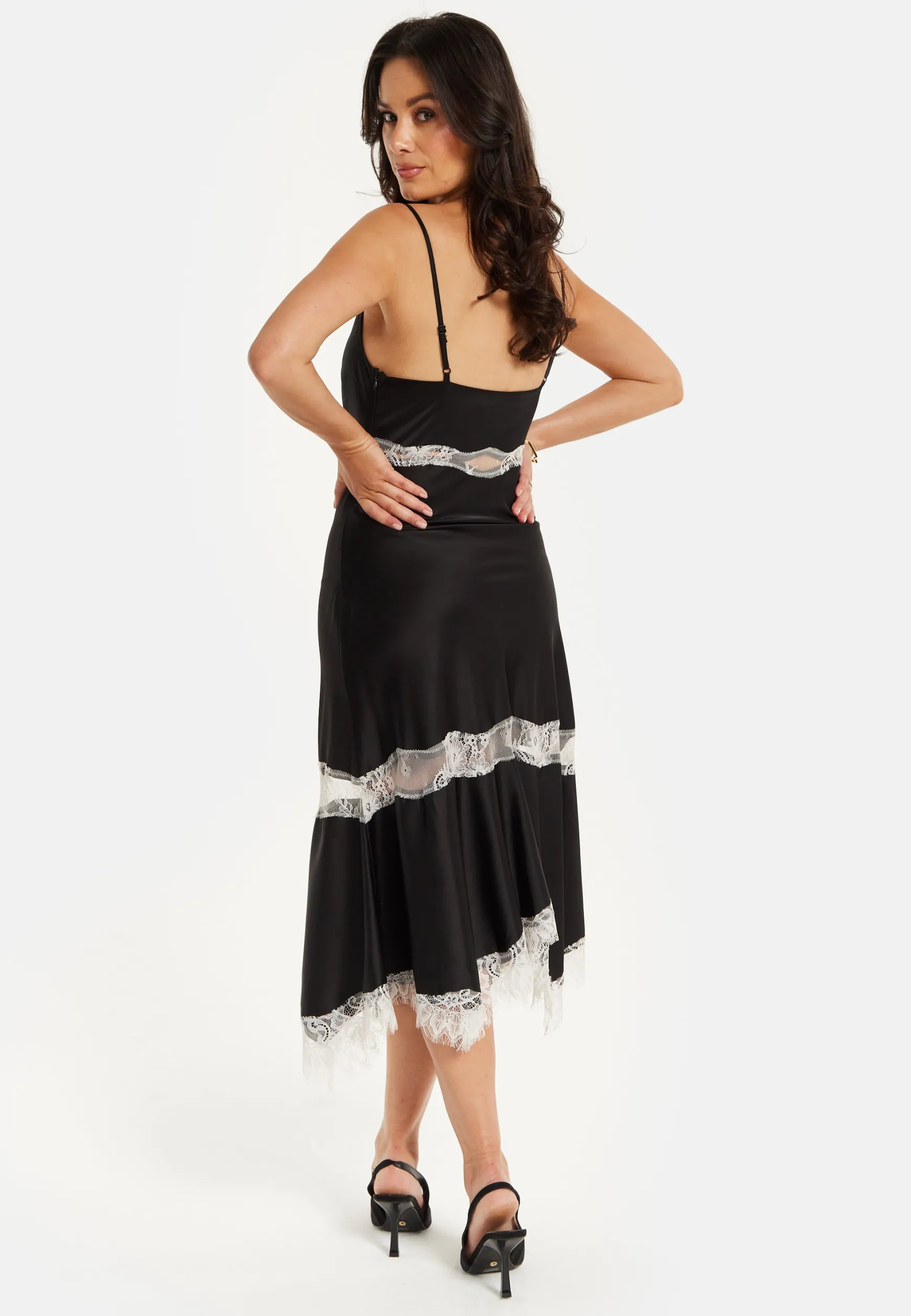 Liquorish Lace Trim Black Midi Dress