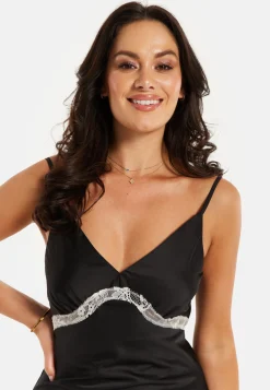 Liquorish Lace Trim Black Midi Dress