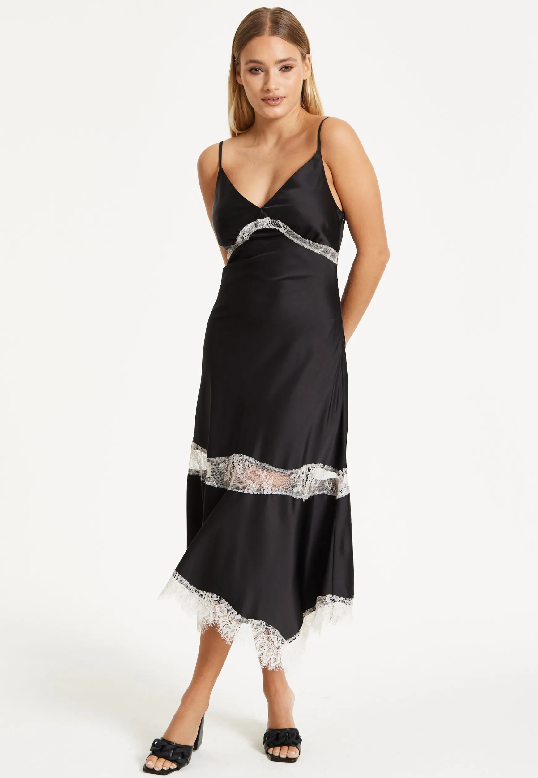 Liquorish Lace Trim Black Midi Dress
