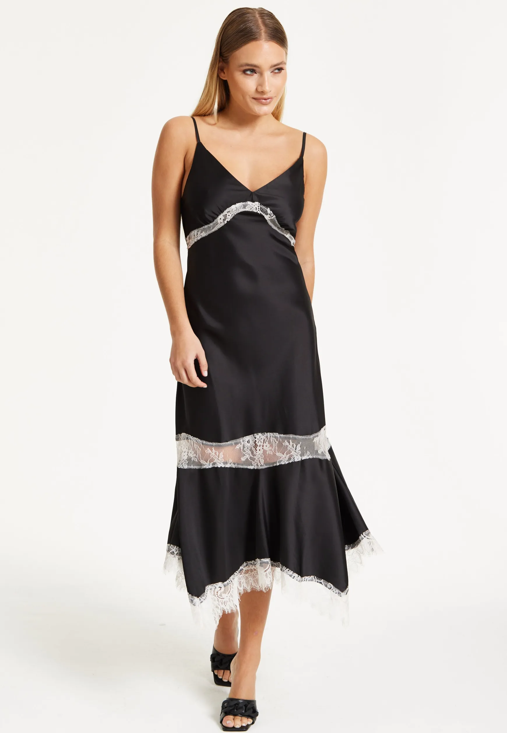Liquorish Lace Trim Black Midi Dress