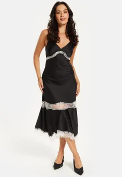 Liquorish Lace Trim Black Midi Dress