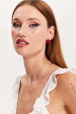 Liquorish Pair Of Lips Stud Earrings With Rhinestone Embellishment In Red