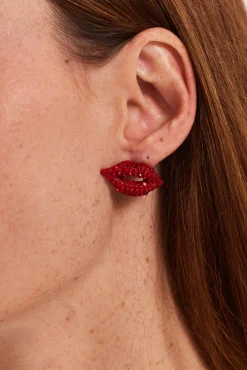 Liquorish Pair Of Lips Stud Earrings With Rhinestone Embellishment In Red