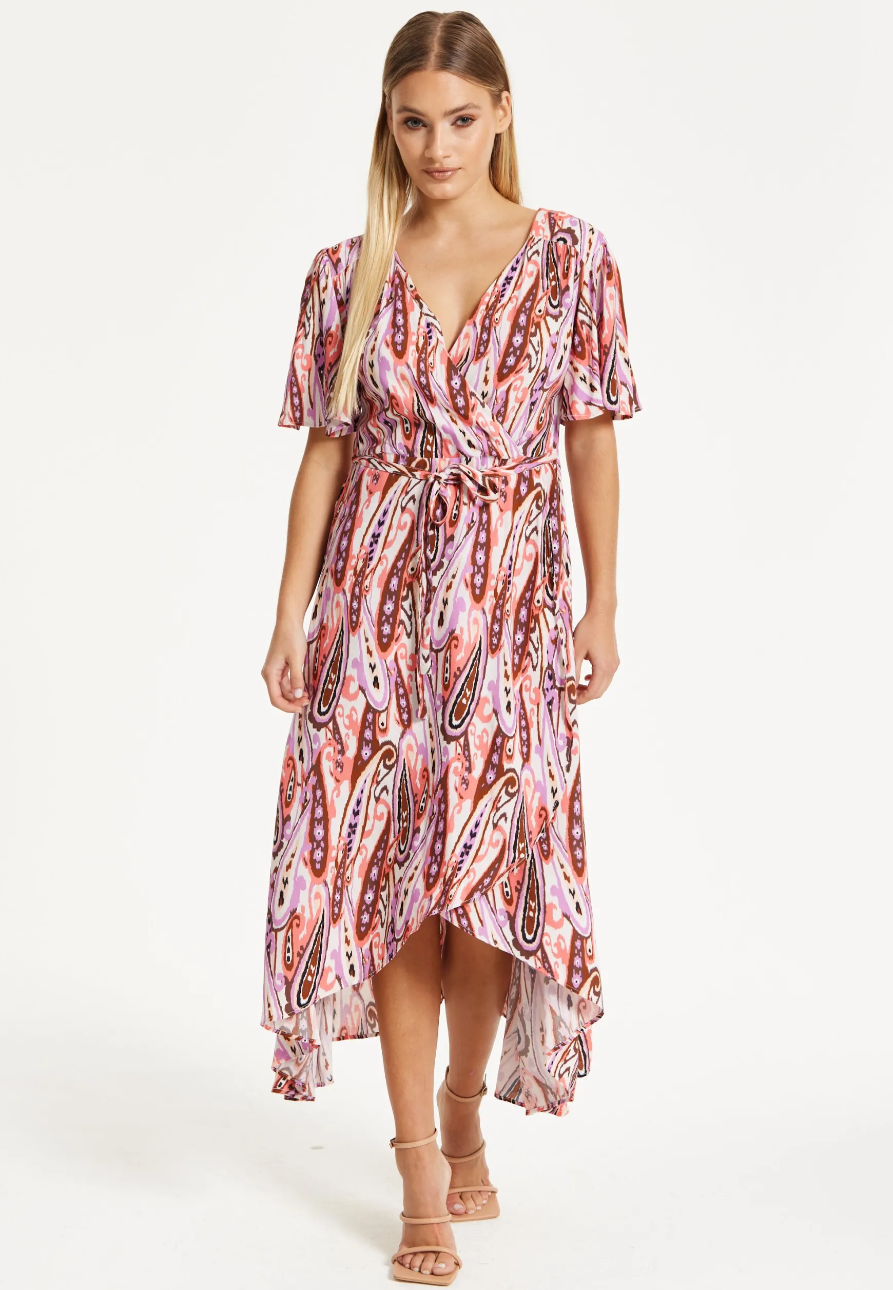 Liquorish Paisley Printed High-Low Wrap Midi Dress