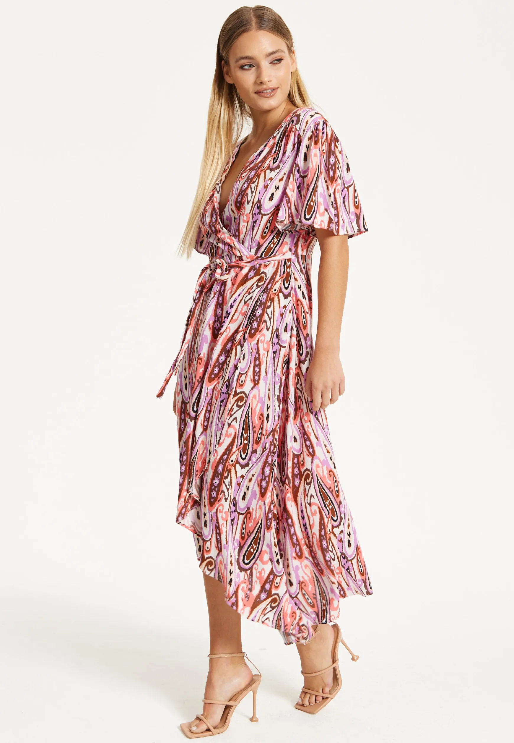 Liquorish Paisley Printed High-Low Wrap Midi Dress