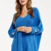 Liquorish Women's Blue Oversized V-Neck Jumper with Long Sleeves and Star Embellishments