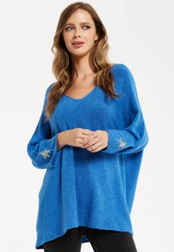 Liquorish Women's Blue Oversized V-Neck Jumper with Long Sleeves and Star Embellishments