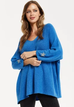 Liquorish Women's Blue Oversized V-Neck Jumper with Long Sleeves and Star Embellishments