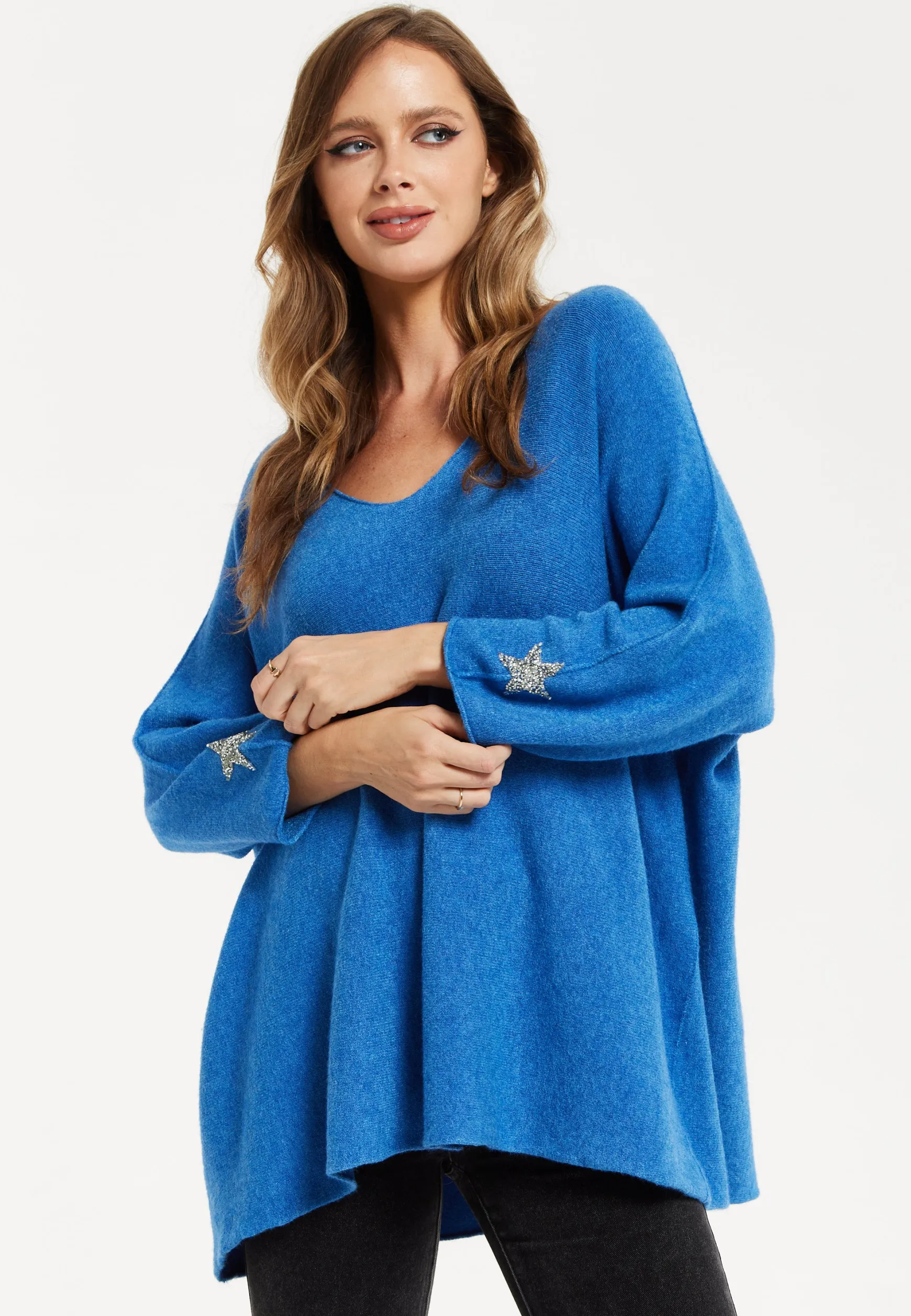 Liquorish Women's Blue Oversized V-Neck Jumper with Long Sleeves and Star Embellishments