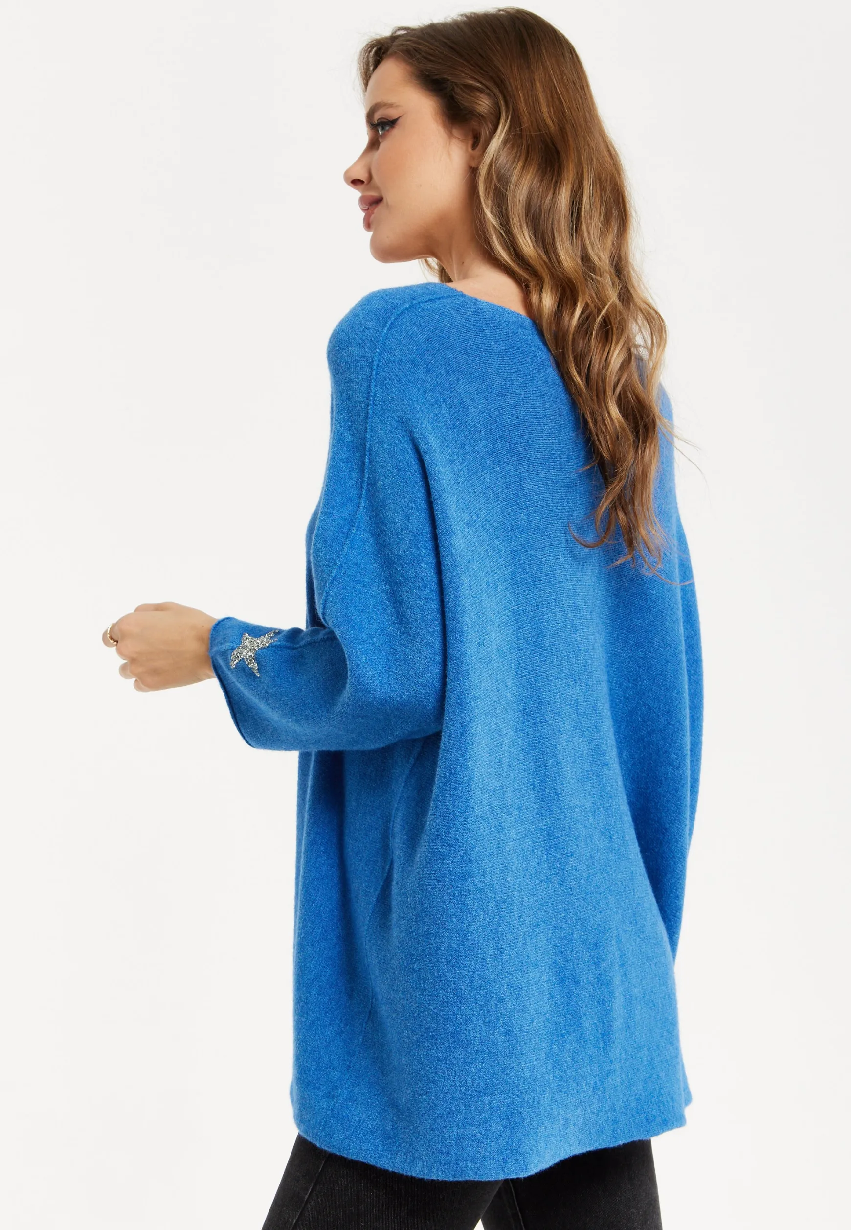Liquorish Women's Blue Oversized V-Neck Jumper with Long Sleeves and Star Embellishments