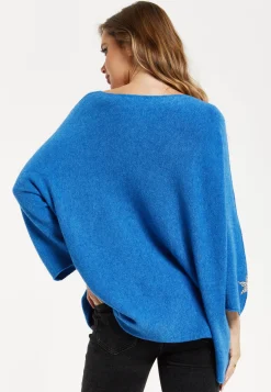 Liquorish Women's Blue Oversized V-Neck Jumper with Long Sleeves and Star Embellishments
