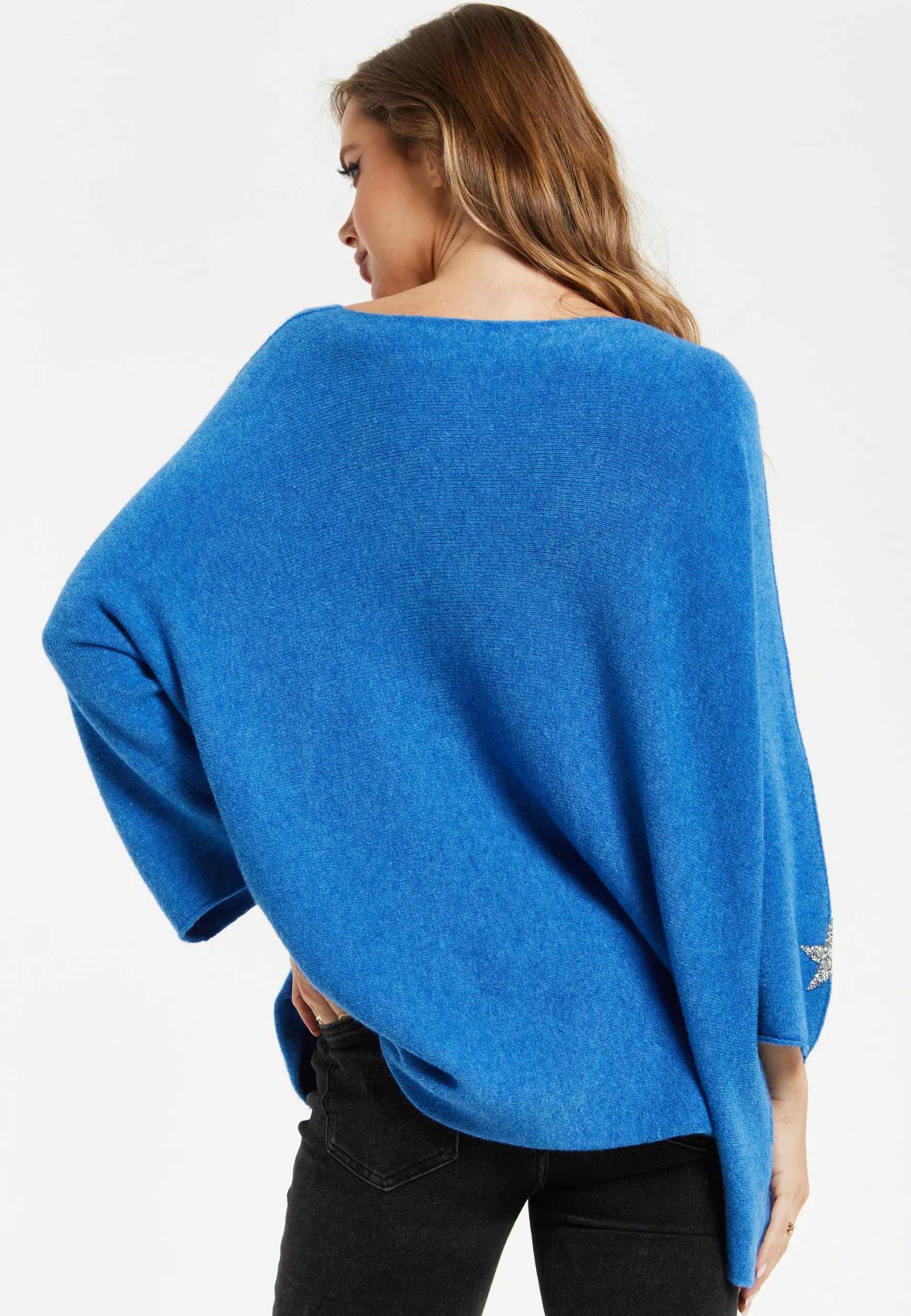 Liquorish Women's Blue Oversized V-Neck Jumper with Long Sleeves and Star Embellishments