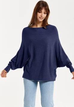 Liquorish Women's Jumper Navy Soft with Batwing Sleeves