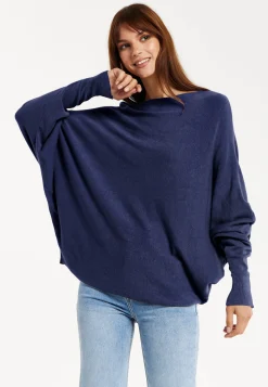 Liquorish Women's Jumper Navy Soft with Batwing Sleeves